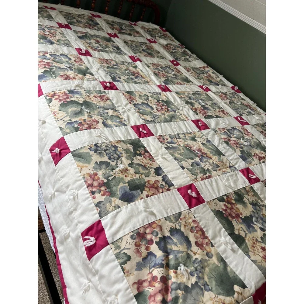 Hand Tied Nine Patch Quilt: Leaf & Grapevine Pattern, Fleece Back